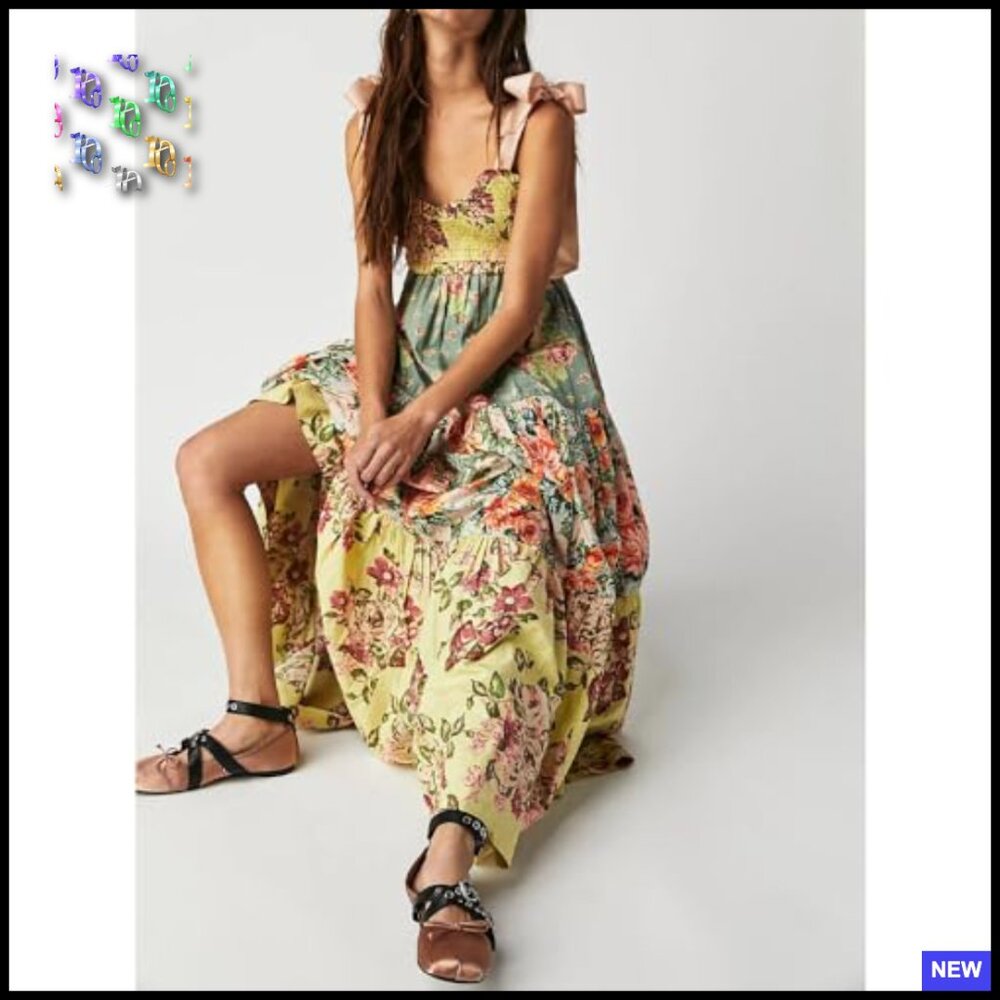 Boho Floral Maxi Dress Smocked Bodice Tiered Skirt Tie Shoulder Pockets - Picture 4 of 6